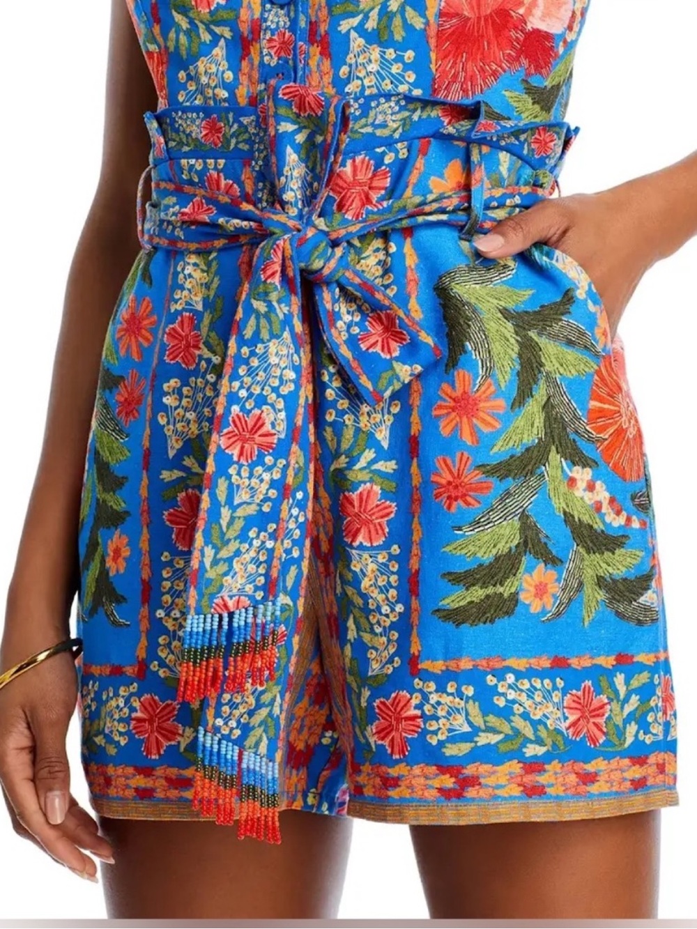 Farm Rio Blue Floral Button-Front Romper with Tie Waist - Picture 5 of 9